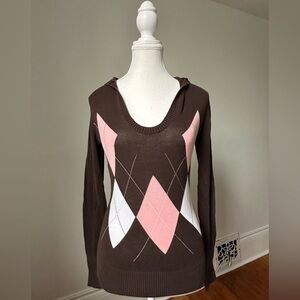 TOMMY HILFIGER Y2K Cotton Brown Argyle Academia Preppy Hooded Sweater Size XS